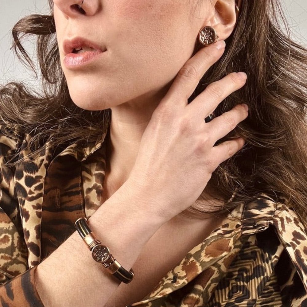 NWT Copper Metal Stud Earring & Cuff Matching Sun Engraved Set